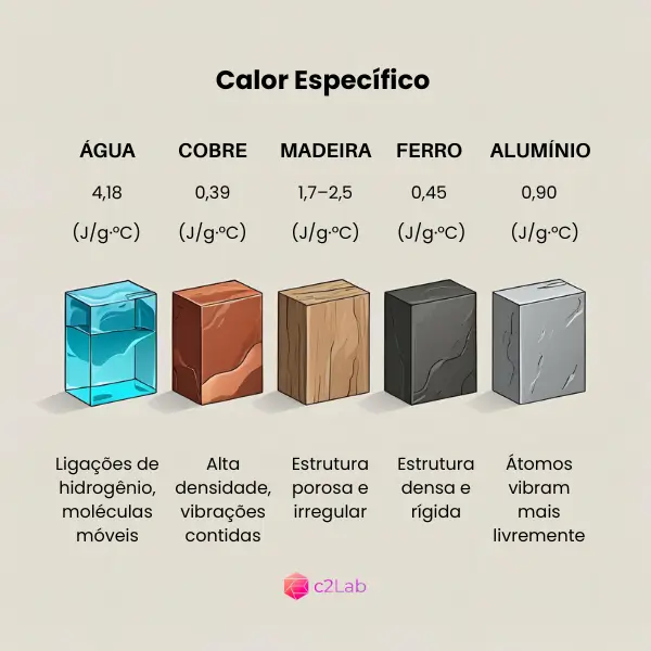 Infográfico mostra a diferença de calor específico entre água, madeira, alumínio, ferro e cobre, com destaque para a influência das estruturas moleculares em sua capacidade de armazenar calor.