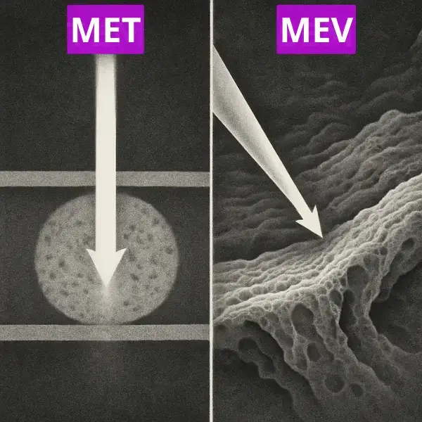 Comparação entre MET (microscopia eletrônica de transmissão) e MEV (microscopia eletrônica de varredura), mostrando as diferenças de resolução e profundidade.