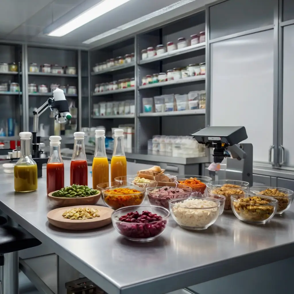Bancada de laboratório com amostras variadas de alimentos prontos para testes de qualidade, incluindo análises físico-químicas, microbiológicas e sensoriais.