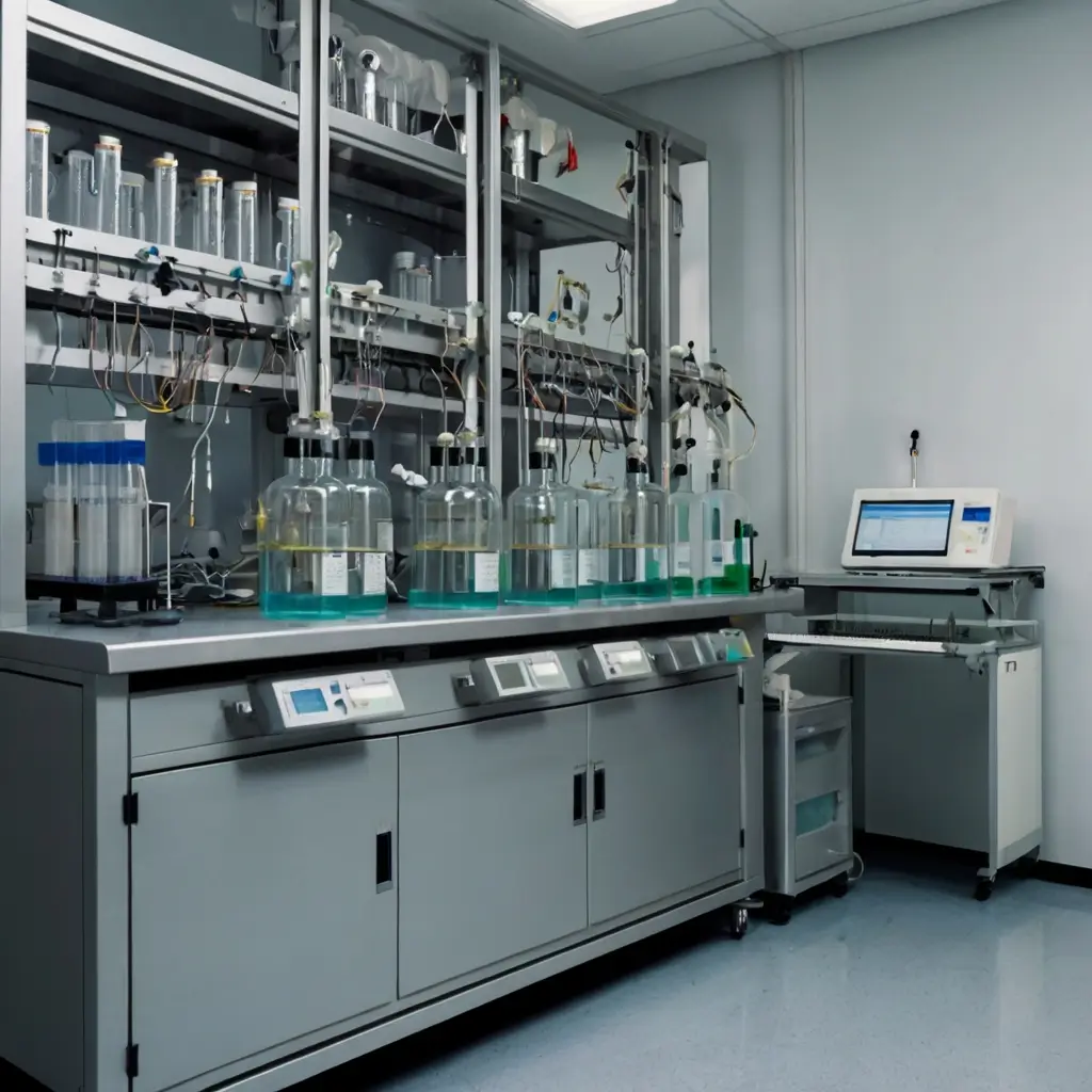 Sistema automatizado para preparo e extração de amostras em laboratório de análises de alimentos, utilizado antes de testes por HPLC e GC-MS para garantir segurança alimentar e conformidade com normas.