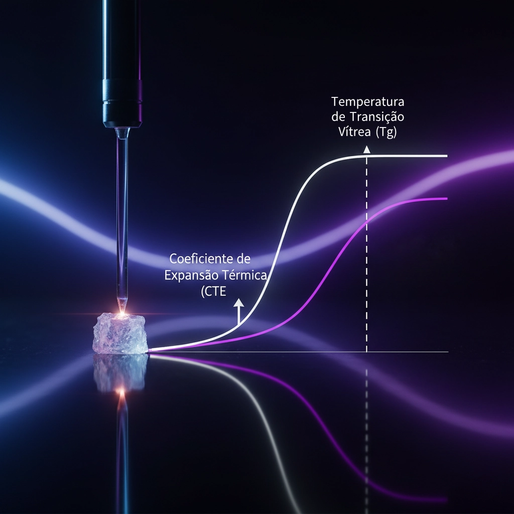 Gráfico de Análise Termomecânica (TMA) ilustrando a medição do Coeficiente de Expansão Térmica (CTE) e a determinação da Temperatura de Transição Vítrea (Tg). A curva mostra a mudança de inclinação (CTE) no ponto de inflexão (Tg).