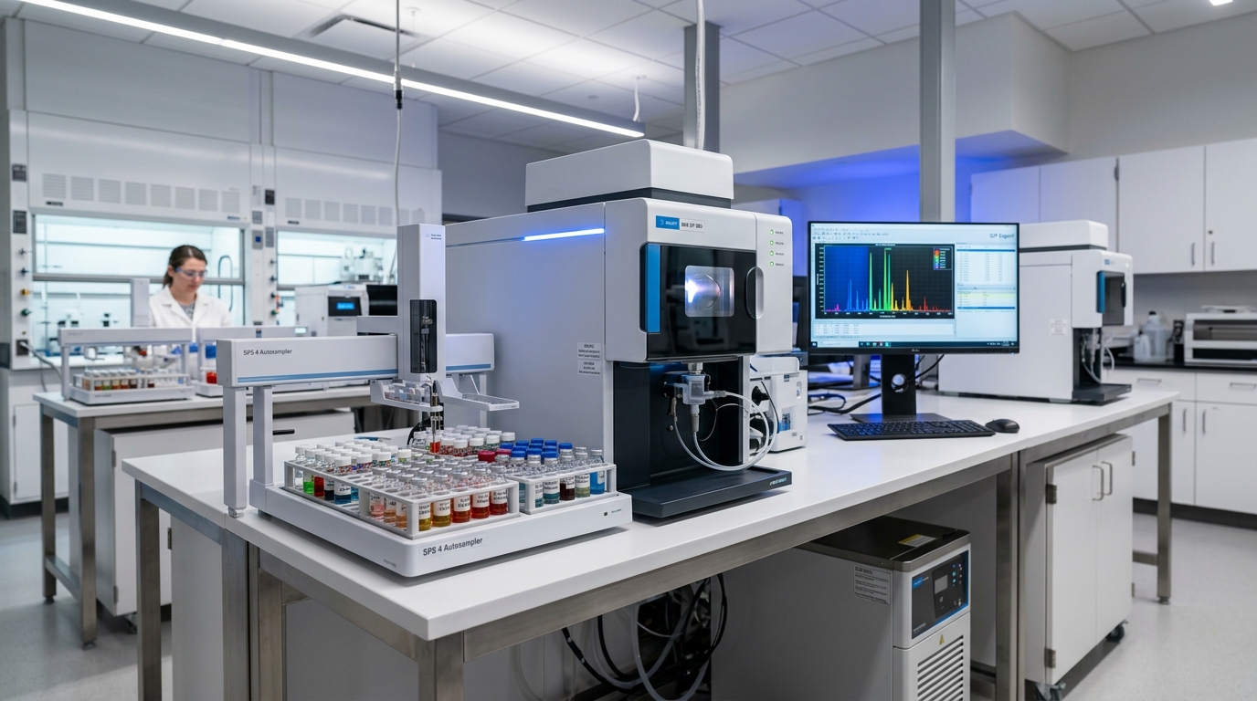 Laboratório de análises químicas industriais com espectrômetro de emissão óptica por plasma acoplado indutivamente ICP-OES e amostrador automatizado