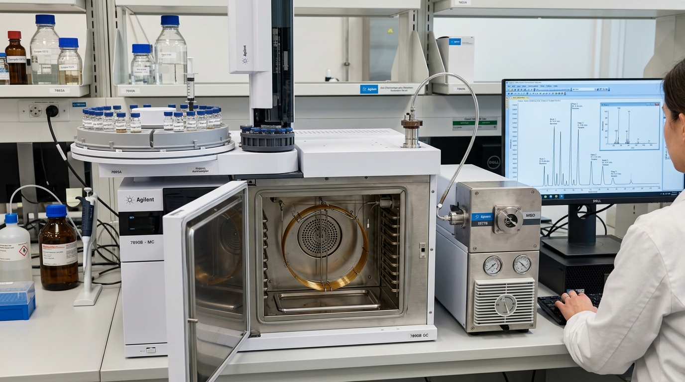 Equipamento de cromatografia gasosa acoplada a espectrometria de massas GC-MS com injetor e coluna capilar em laboratório
