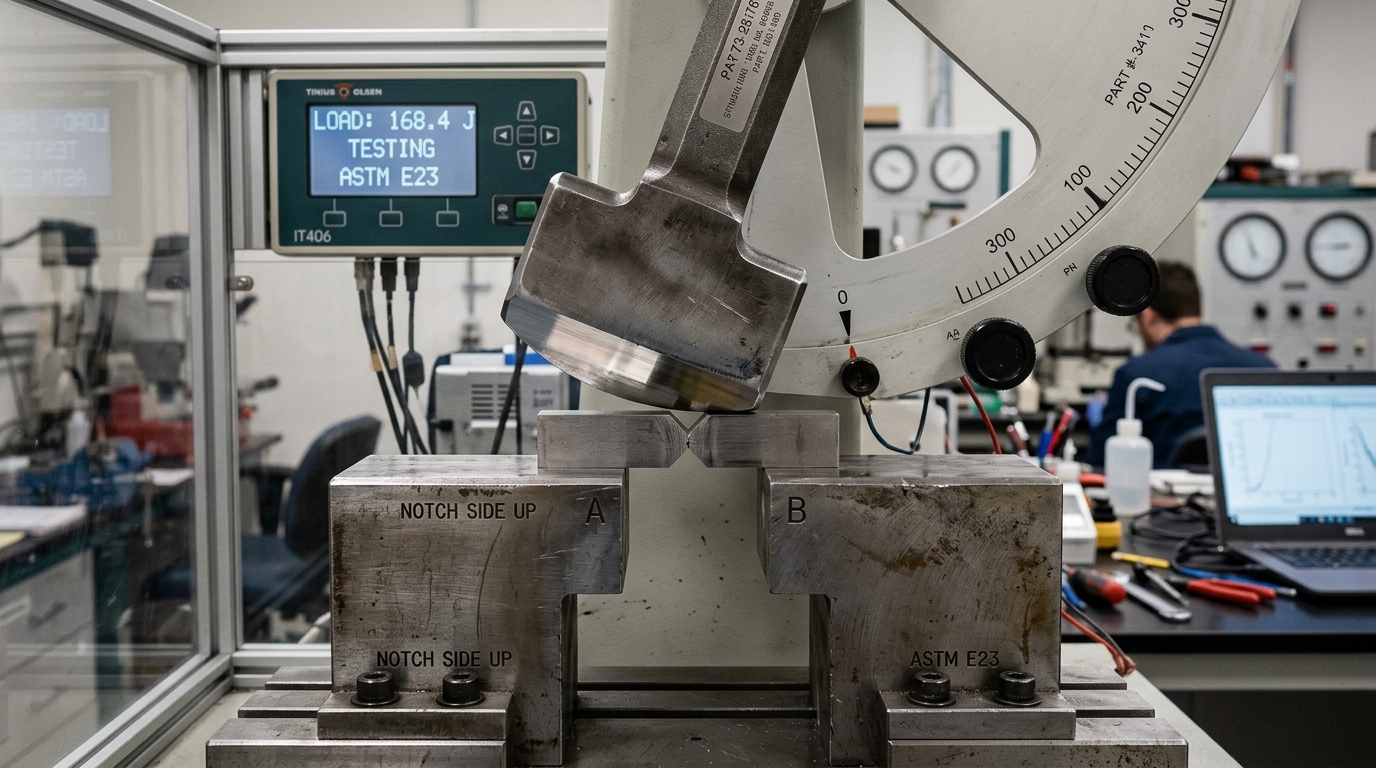 Pêndulo de ensaio de impacto Charpy ASTM E23 no instante do golpe sobre corpo de prova metálico entalhado na bigorna