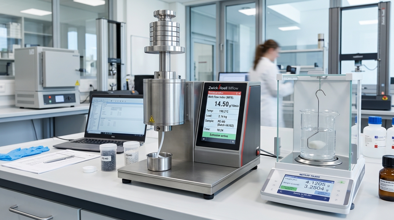 Laboratório de ensaios físicos de materiais com plastômetro de extrusão MFI digital e balança analítica hidrostática para densidade