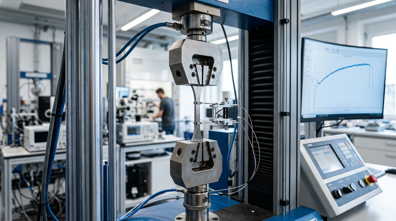 Ensaio de tração uniaxial em máquina universal de ensaios eletromecânica com extensômetro de precisão acoplado a corpo de prova metálico
