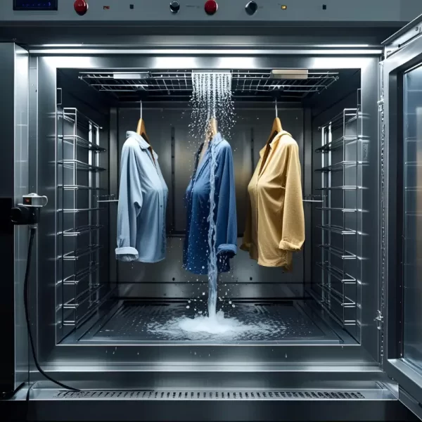 Peças de roupa sendo submetidas a jatos de água em estufa climática, conforme ISO 105-E01