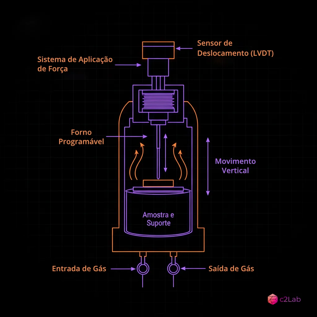 Esquema técnico de um equipamento de Análise Termomecânica (TMA), mostrando seus componentes internos: Sensor de Deslocamento (LVDT), Sistema de Aplicação de Força, Forno Programável, Amostra e Suporte, e fluxo de Gás de Purga.