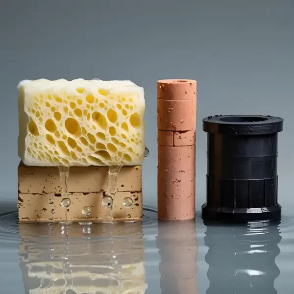 Comparação da absorção de água entre diferentes materiais como plástico, tecido, cerâmica e vidro.