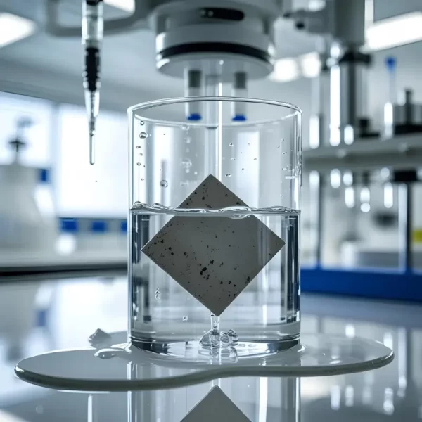 Revestimentos cerâmicos sendo ensaiados para absorção de água, conforme NBR 13818.